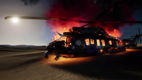 burned-military-helicopter-in-the-desert-at-sunset